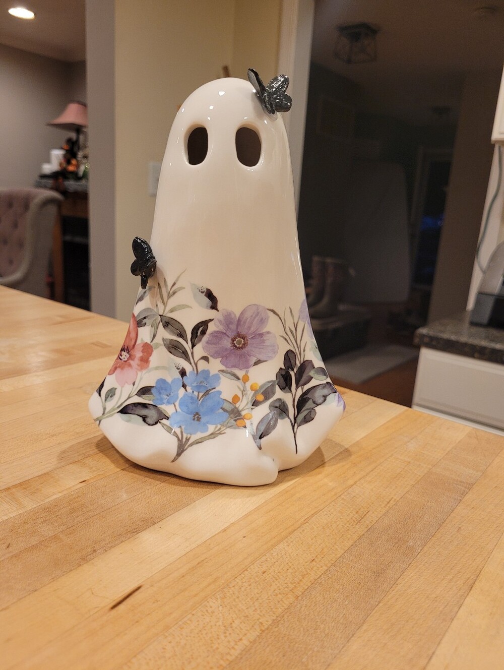 NEW Floral Ceramic Light-up Ghost Figurine with Butterflies